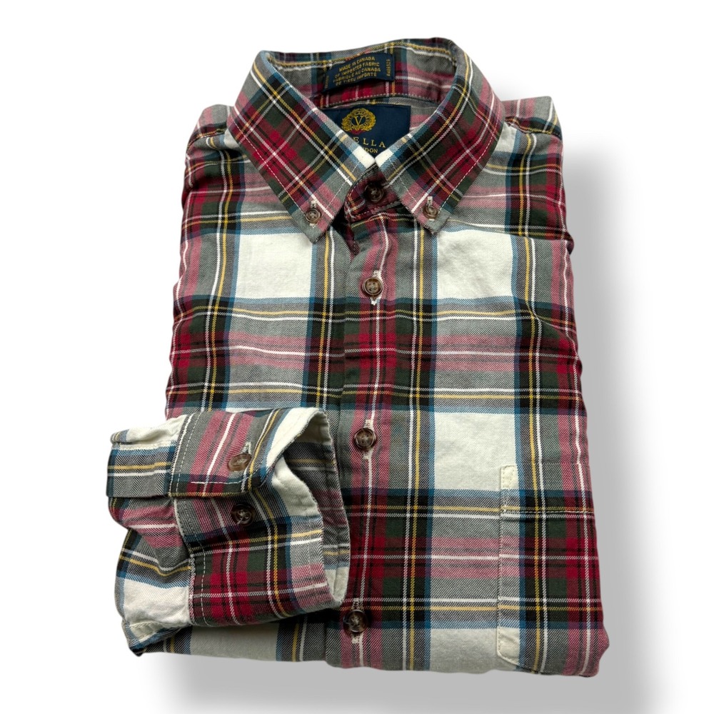 Viyella Mens Tailored Fit Plaid Button Down Shirt Red White Cotton Wool Blend L